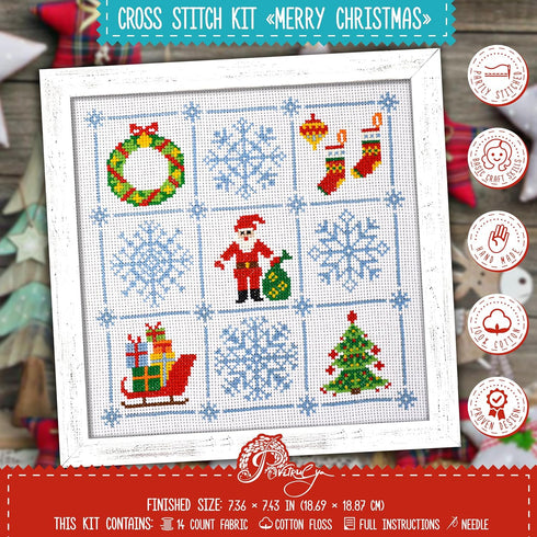 Povitrulya Counted Cross Stitch Kit 'Merry Christmas' - Easy-to-do Embroidery Sampler Set for The Christmas and New Year Holidays, Encouragement, ...