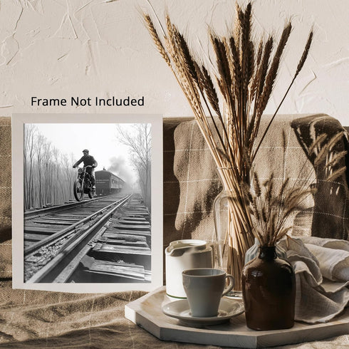 Posterizer 1 pcs-black and white photo-motorcycle on train track 2-Photography Art-Retro Art-Decor for Home & Office- unframed wall art...