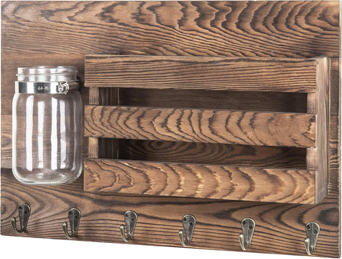 MyGift Wall-Mounted Burnt Wood Mail Holder Organizer with 6 Key Hooks & Mason Jar...