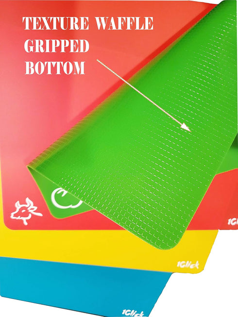 Extra Thick Flexible Plastic Cutting Board Mats with Food Icons &"EZ-Grip" Waffle Back, (set of 4), For Kitchen & Bar...