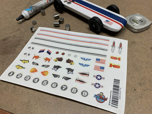 Pinewood Car Sticker Set - Made in USA - Peel & Stick - Stripes, Numbers, Flags, Lights, and More....