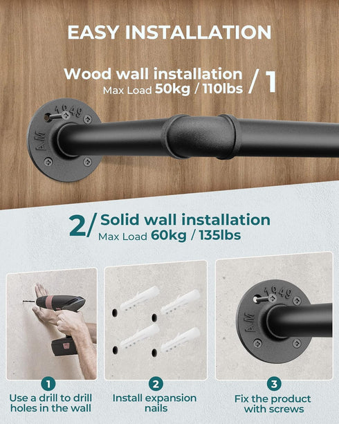 OROPY Industrial Pipe Clothes Rack 21.2” Set of 2, Heavy Duty Wall Mounted Black Iron Garment Bar, Multi-Purpose Clothing Hanging Rod for Laundry ...