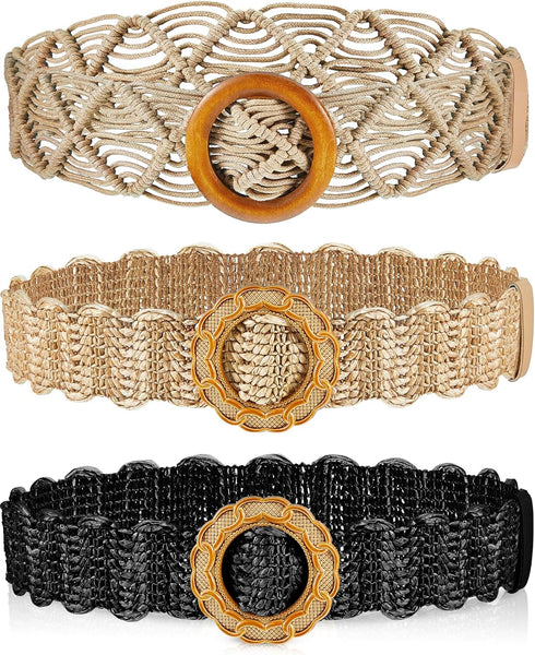 Hercicy 3 Pcs Rattan Straw Woven Belt Bohemian Waist Rope Braid Belts for Women, Trendy Boho Ladies Skinny Dress Belt Multicolor...