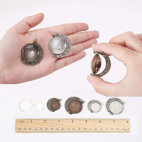 SUNNYCLUE 48pcs 2 Size Moon Rotation Double Side Pendant Tray Kit 16pcs Round Blank Bezel Pendant Trays Base Cabochon Settings with 32pcs Clear Gl...