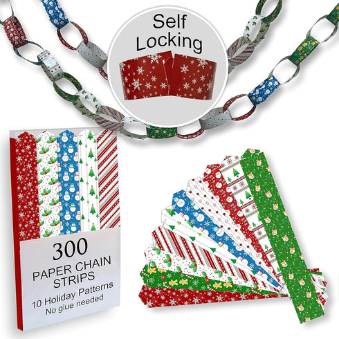 300 Christmas-Themed Paper Chain Strips for Crafting. No Glue or Tape Needed. Kid Friendly & Family Fun. 10 Winter Patterns. Yields Over 50 Feet o...