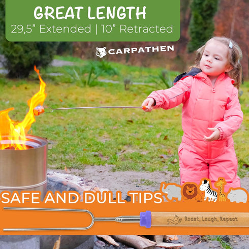 CARPATHEN Marshmallow Roasting Sticks Campfire - Set of 10pcs Smores Sticks With Beautifully Engraved Handles - Perfect as a 4h of July Gift - Tel...