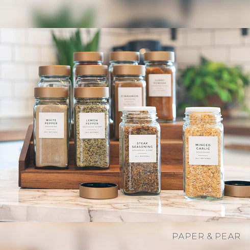 Modern Style White Spice Labels (no jars) by Paper & Pear - Oil Resistant Kitchen Pantry Labels - 1.25” Square Spice Labels Stickers - Durable Spi...