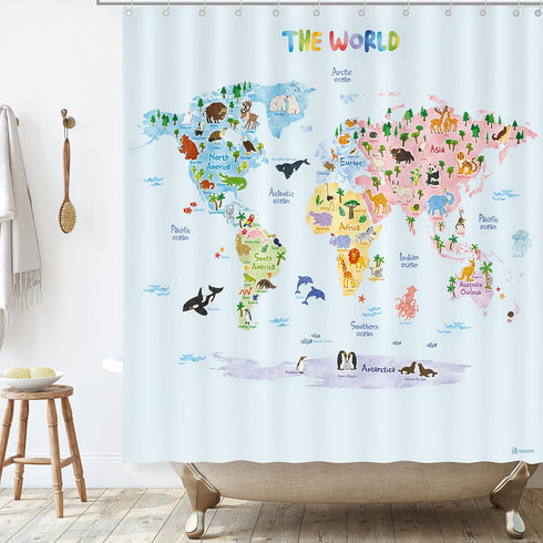 BASHOM BSC-615 Animal World Map Shower Curtain Set for Kids Waterproof Washable Decorative Bathroom 71''x71'' (180x180cm) Polyester Fabric with 12...
