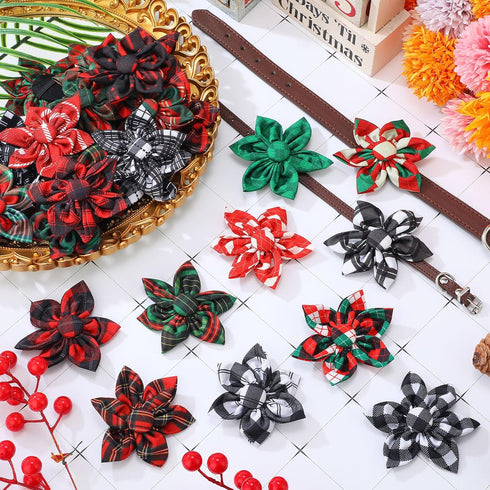 60 Pcs Plaid Dog Collar Flowers Bulk Pet Flower Collar Bow Ties Holiday Dog Accessories Charms Slide Attachment for Small Medium Large Dog Cat Pup...