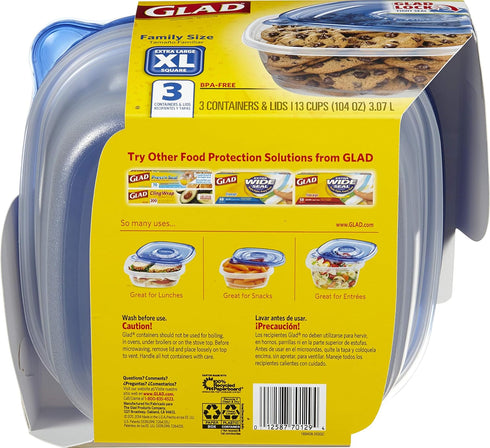GladWare Family Size Food Storage Containers, XL | Large Square Food Storage, Containers Hold up to 104 Ounces of Food, Large Set 3 Count Food Con...