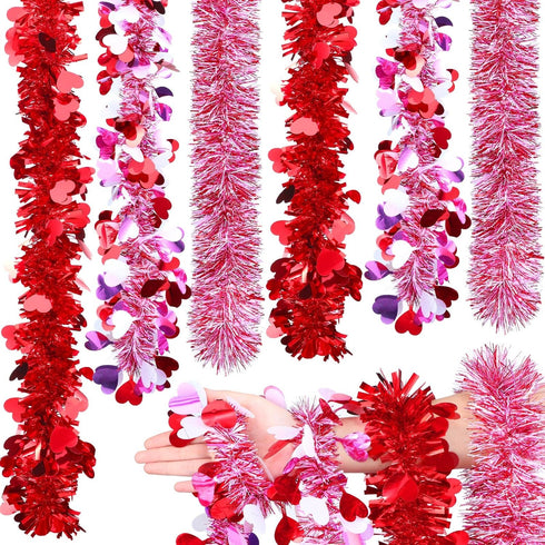 Janinka 6 Pcs Valentine's Day Tinsel Garland Total 39ft Red and White Heart Metallic Garland Decor Valentines Heart Twist Tinsel for Mantle Weddin...