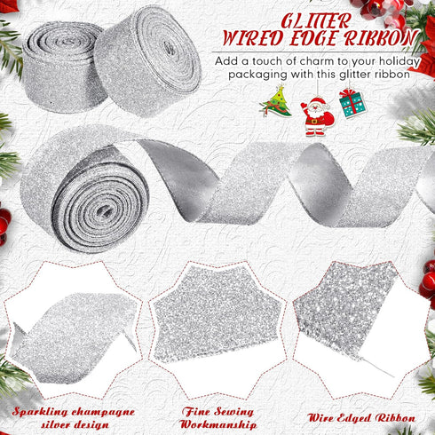 2 Roll 20 Yards Christmas Ribbons Glitter Thick Ribbon Metallic Wired Ribbon for Gift Wrapping Valentine Bouquet DIY Crafts Wedding Xmas Party Wra...