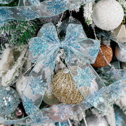 HUIHUANG Snowflake Glitter Wired Ribbon, Blue and White Snowflake Ribbon for Christmas Tree, 2-1/2" x 25 Yards Christmas Ribbon for Tree, Bows Mak...