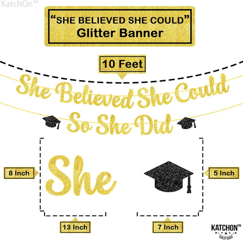KatchOn, She Believed She Could So She Did Banner - Glitter 10 Feet, No DIY | Gold and Black You Did It Banner, Graduation Decorations 2025 | Medi...