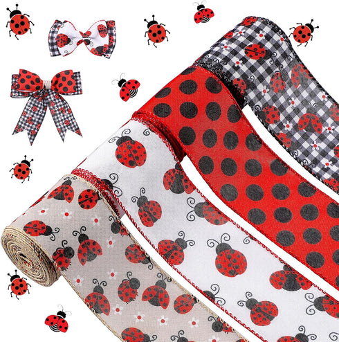 WILLBOND 4 Rolls 2.5 Inch x 24 Yard Ladybugs Ribbons Ladybug Wired Ribbon Red Polka Dot Wired Edge Ribbon for Ladybug Party Decoration...