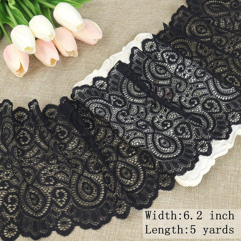 IDONGCAI Black Wide Elastic Lace Trim for Sewing Lace Ribbon Lace Fabric by The yard Stretch Lace Trim (Black, 6.2 inch×5 yards)...