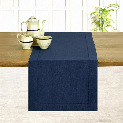 D'Moksha Homes Linen Navy Blue Table Runner 60 Inches - Classic Hemstitch, 100% Pure Linen Coffee Table Runner 14 x 60 Inch Ideal for Dresser Tabl...