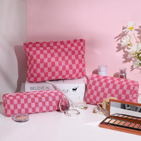 Large Capacity Makeup Bag Set Pink Checkered Makeup Bags 3 Pieces Canvas Travel Makeup Bag Organizer Travel Toiletry Bag Storage Bag for Women...
