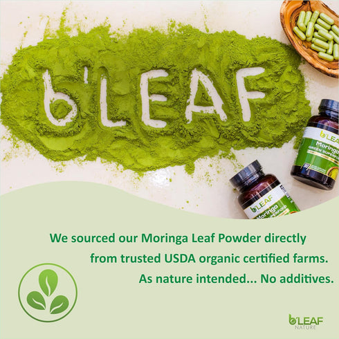 B’Leaf Nature Pure Organic Moringa Oleifera Leaf Powder Capsules 1000mg - Immune System & Energy Booster - Vegetarian Supplement for Healthy Livin...