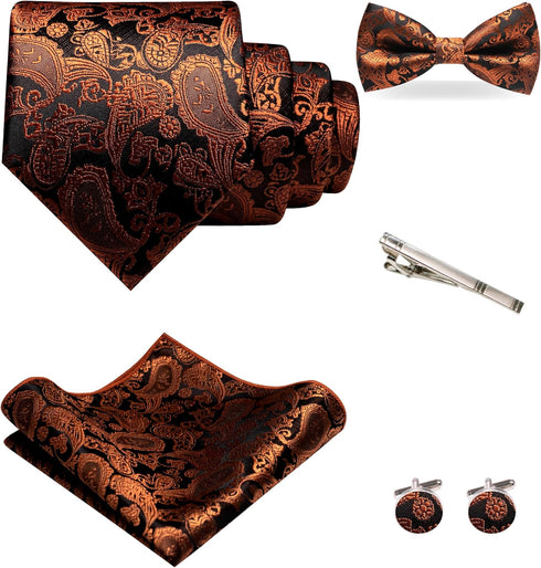 Mens Paisley Tie and Pre-tied Paisley Bow Tie with Pocket Square Cufflinks Clip Set...