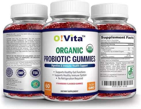 Organic Probiotic Gummies - 5 Billion CFU, Max Strength, Strawberry Flavored, Gut Health and Immune Support for Men, Women and Kids (60 Non-GMO Gu...