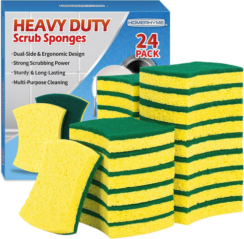Heavy Duty Sponges, 24 Pack Scrub Sponge, Multipurpose Dish Sponge, Eco Cellulose Kitchen Sponge Sturdy Ergonomic Design for Washing Dishes, Uncoa...