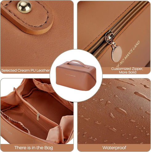 Travel Makeup Bag Large Capacity Cosmetic Bags Waterproof Toiletry Bag for Women Lay Flat PU Leather Makeup Bag with Divider and Handle Makeup Org...