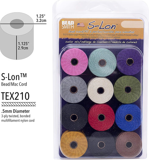 The Beadsmith S-Lon Bead Cord – .5 mm Twisted Nylon Cord for Stringing, 12-Pack, Gaskell Mix, TEX210, 77 Yards per Spool...