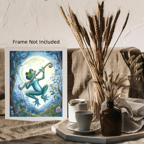 Posterizer 1 pcs-whimsical forest scene-frog playing music 3-Art for Animal Lovers-Fantasy & Fiction Art-Gift for Daughter, Son, Kids- unframed wa...