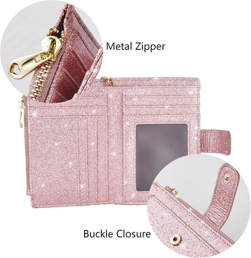 Womens Wallets RFID Small Compact Bifold Leather Card Holder Zip Pocket Keychain...