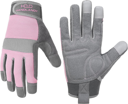 HANDLANDY Womens Work Gloves with Grip, Safety Moving Driving Gloves Touch Screen, Utility Yard Workers Gloves Pink (Grey- pink, Small (Pack of 1)...