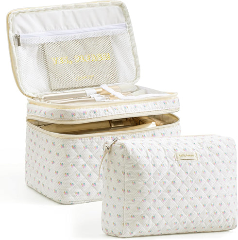 HBselect 2Pcs Double Layer Travel Makeup Bag Women, Cotton Quilted Makeup Bag Coquette Makeup Bag Large Travel Cosmetic Bag Aesthetic Cute Kawaii ...