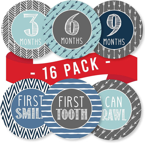 Hadley Designs 16 Monthly Baby Milestone Stickers Boy-Blue Baby Monthly Milestone Stickers for Baby Boy...