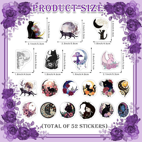 52 Pcs Moon and Cat Stickers Glow in The Dark, Vinyl Black Cats Water Bottle Sticker Pack for Teens, Waterproof Skateboard Laptop Decals for Adult...