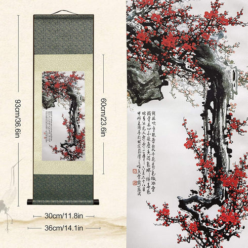 AtfArt Asian Wall Decor Beautiful Silk Scroll Painting Flowers - Proud Plum - Iron Heart Oriental Decor Chinese Art Wall Scroll Wall Hanging Paint...
