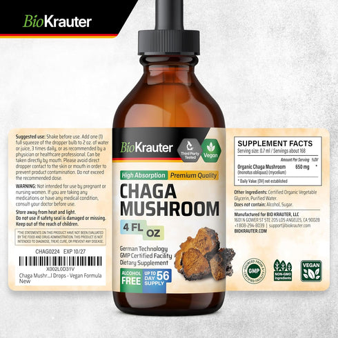 BIO KRAUTER Chaga Mushroom Extract - Chaga Tincture for Immune Support - Vegan, Alcohol & Sugar Free Drops 4 Fl.Oz....