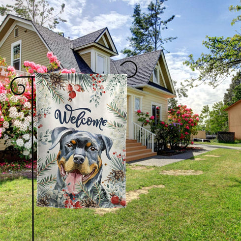 Welcome Rottweiler and Winter Flower Home Flag 12 x 18 Inch Double-Sided Outdoor Yard Flag Decorative Puppy Dog Pet Rescue Garden Flag...