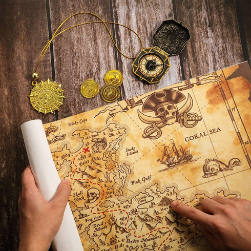 Gejoy Halloween Detailed Pirate Treasure Map Vintage Gold Secret Sea Historical Theme Party Accessory, Compass Necklace Plastic Coins Toy Pirate T...