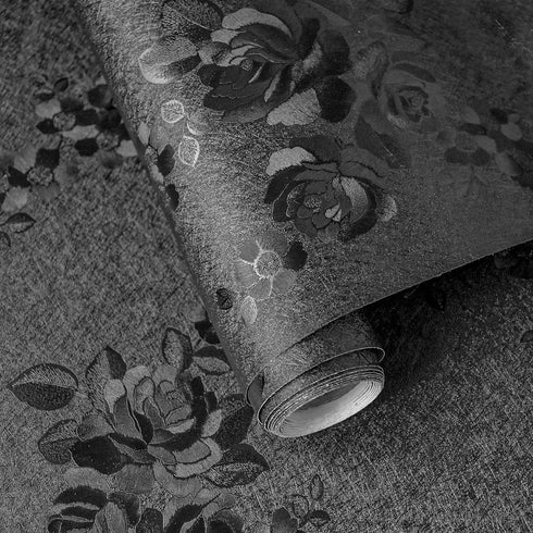 Black Peel and Stick Wallpaper Black Silk Embossed Floral Contact Paper for Cabinets Furniture 17.7’’×118’’ Textured Flower Wallpaper Self Adhesiv...