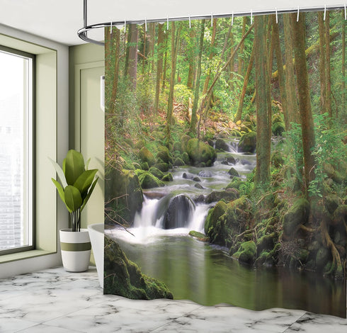 Ambesonne Nature Shower Curtain, Stream Flowing in Forest Mossy Rocks Tree Foliage Splash Summertime Hiking, Cloth Fabric Bathroom Decor Set with ...