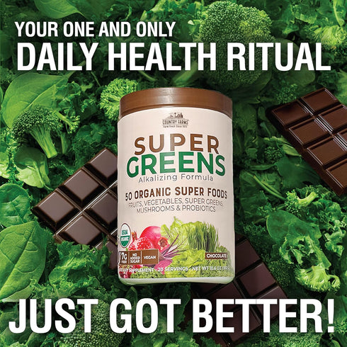 COUNTRY FARMS Organic Super Greens Chocolate Flavor, 50 Organic Super Foods, USDA Organic Drink Mix, Packed with Fiber, Fruits, Vegetables, Mushro...