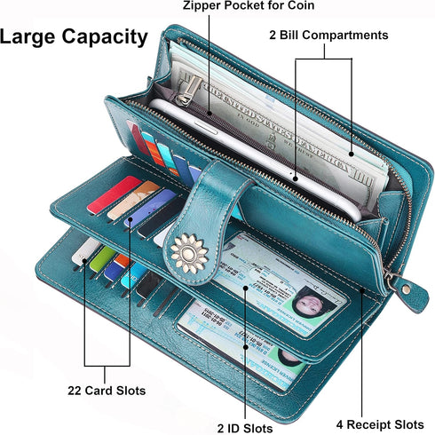 Lavemi Womens Large Capacity Genuine Leather RFID Blocking Wallets Wristlet Clutch Card Holder...