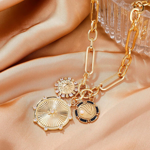 Sun Heart Charm Choker Necklace for Women Men,18k Gold Plated With Zircons Inlaid Pendants,Thick Chunky Paperclip Chain Hip Hop Necklace Unisex Je...