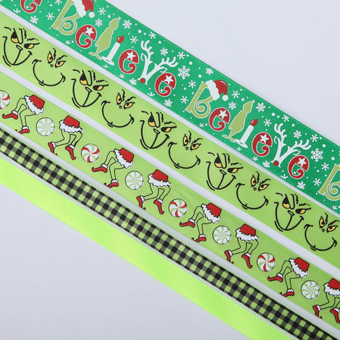 Red Green Ribbon 10 Rolls Total 50 Yards Christmas Craft Satin Ribbon Funny Cartoon Character Gift Wrapping Ribbon Decorative Ribbon for Xmas Tree...