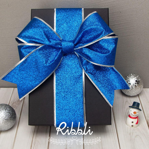 Ribbli Christmas Ribbon Wired Blue and Silver Christmas Tree Ribbon Blue Glitter Christmas Wired Ribbons for Tree, Crafts,Gift Wrapping, Wreaths, ...