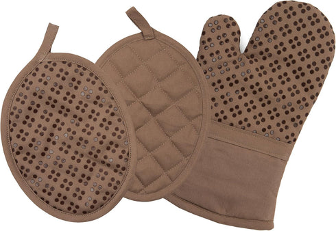 Sticky Toffee Oven Mitt and Pot Holder Set of 3 – Brown Non-Slip Silicone Kitchen Hot Pads and Mitts, 100% Cotton Shell, Oeko-Tex Cotton...