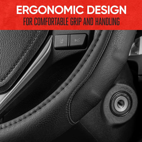Motor Trend GripDrive Faux Black Leather Steering Wheel Cover for Car Truck Van SUV, Standard 15 inch Size, Solid Black Stitched Car Steering Whee...