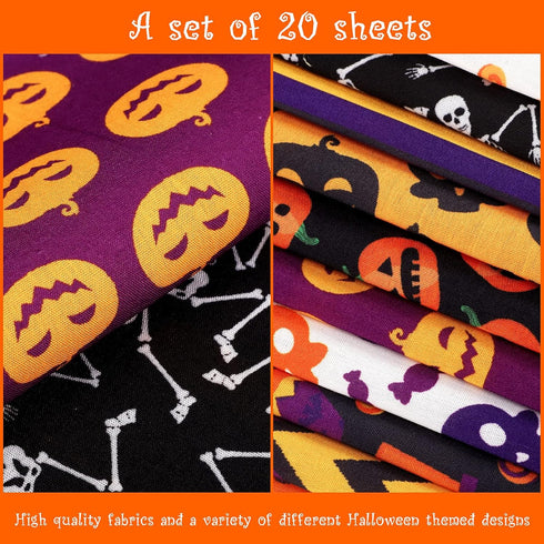 20 Pieces 10 x 10 Inch Halloween Fabric Quilting Bat Pumpkin Skull Print Patchwork Squares Craft Bundle Mixed Pattern Fabric Halloween Theme Decor...