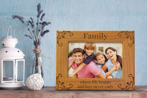 Family Where Life Begins And Love Never Ends - Family Picture Frame, Fits a 5x7 Horizontal Portrait, Engraved Natural Wood Photo Frame for Dad, Mo...