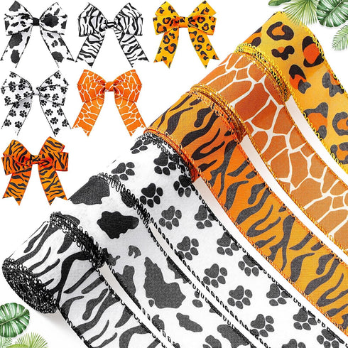 6 Rolls 30 Yards Safari Ribbon Set Christmas Wide Craft Animal Print Ribbon Wired Edge Zebra Leopard Themed Ribbon Decorative Ribbon Crafting Supp...